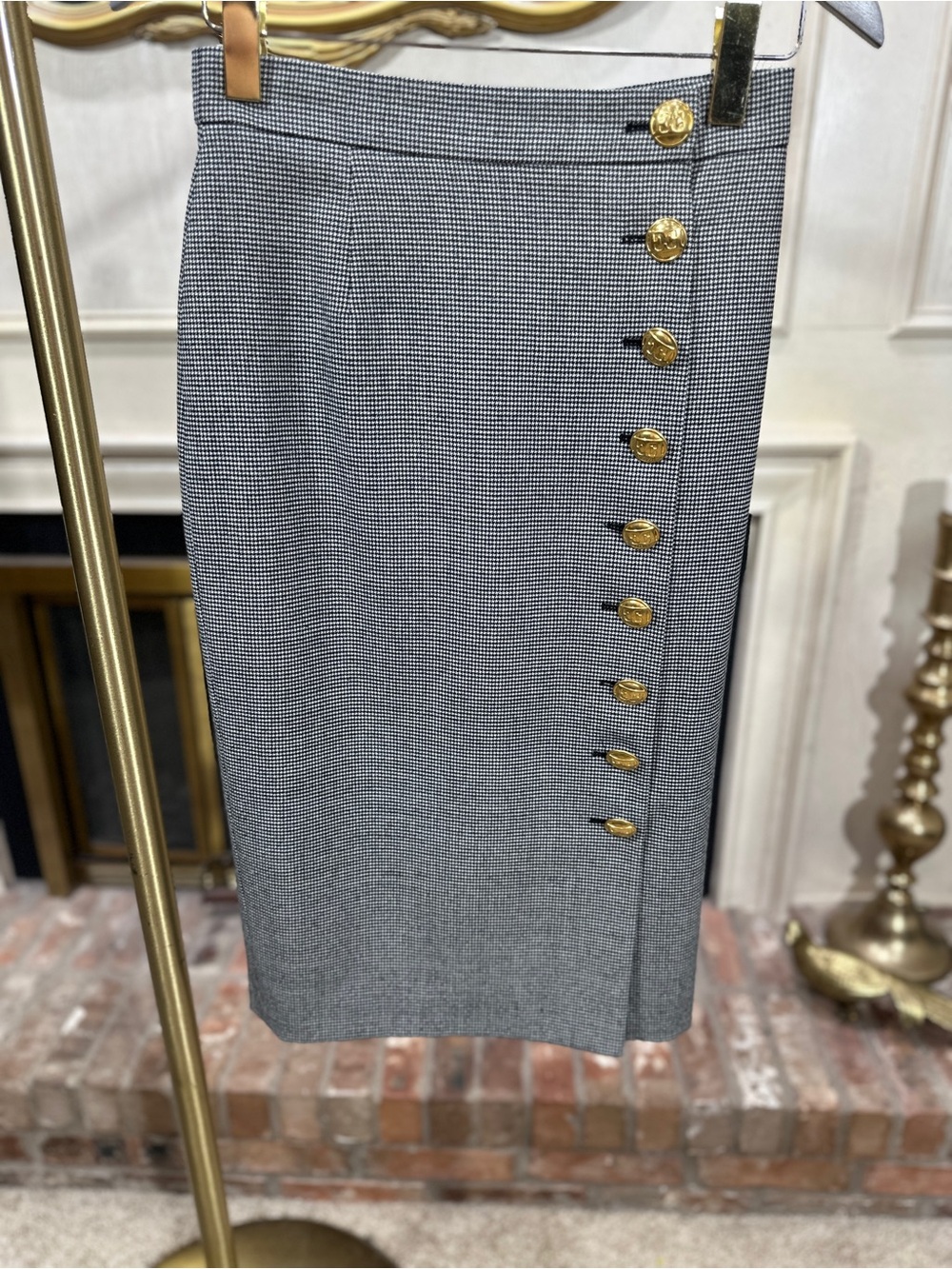 ESCADA Skirt 34 Virgin Wool Houndstooth Gold Button Rabuja Pencil Midi Skirt